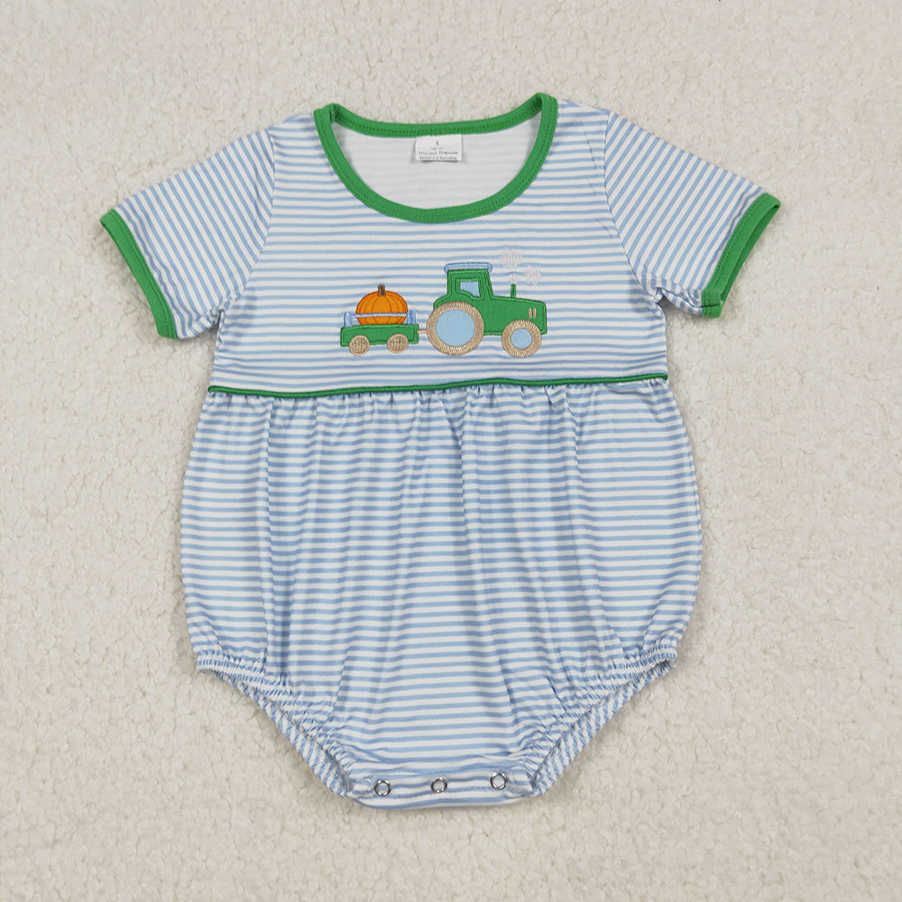 Embroidery Baby Boys Blue Stripe Pumpkins Truck Fall Rompers