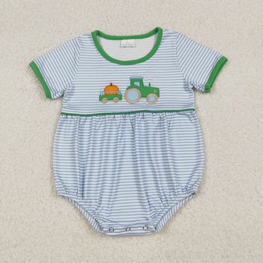 Embroidery Baby Boys Blue Stripe Pumpkins Truck Fall Rompers