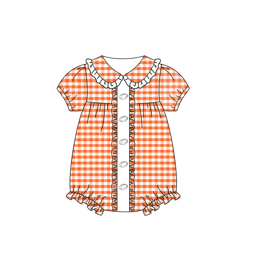 Baby Girls Orange Plaid Footballs Team Ruffle Rompers Preorder
