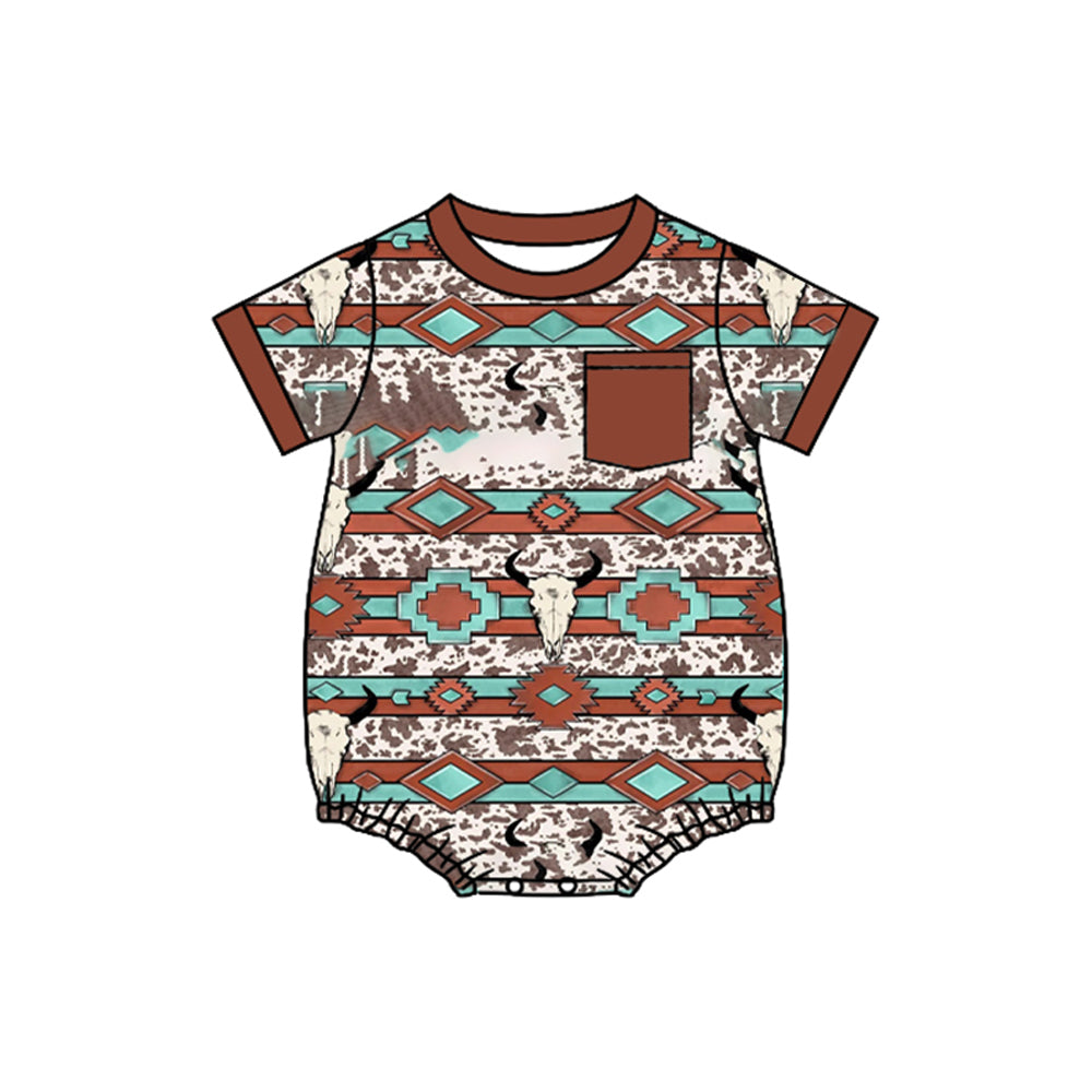 Baby Boys Brown Pocket Bull Skulls Aztec Western Rompers Preorder
