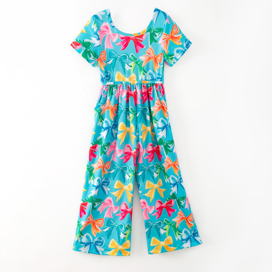 Baby Girls Short Sleeve Colorful Bows Pockets Pant Jumpsuits Preorder