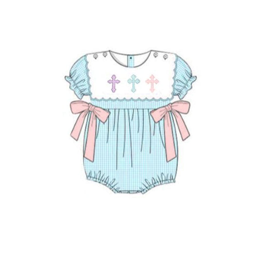 Baby Girls Short Ruffle Sleeve Cross Bows Easter Rompers Preorder