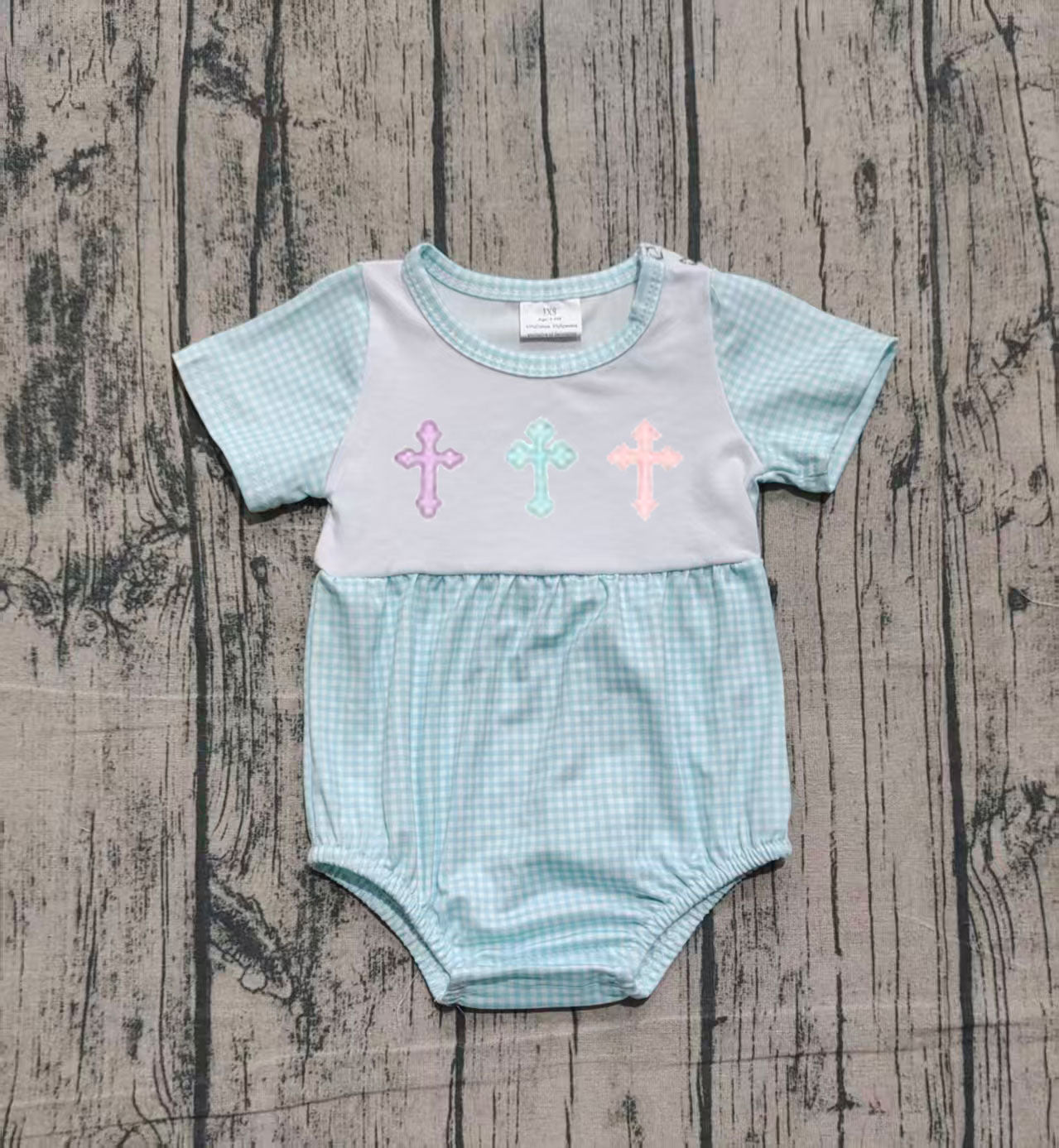 Embroidery Crosses Baby Boys Blue Checked Short Sleeve Easter Rompers