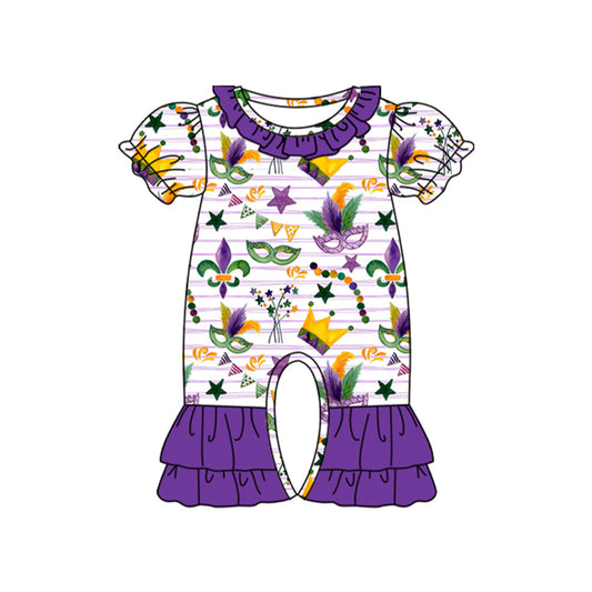Baby Girls Purple Stripe Anchors Masks Mardigras Ruffle Footie Rompers Preorder
