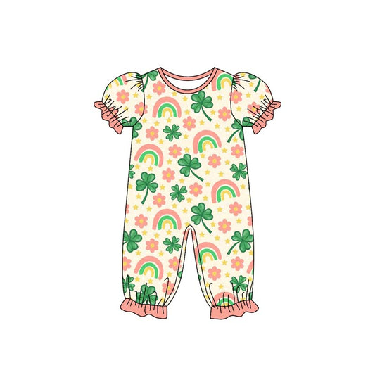 Baby Girls Clovers Flowers St Patrick Ruffle Footie Rompers Preorder