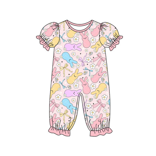 Baby Girls Colorful Flowers Rabbits Easter Ruffle Footie Rompers Preorder