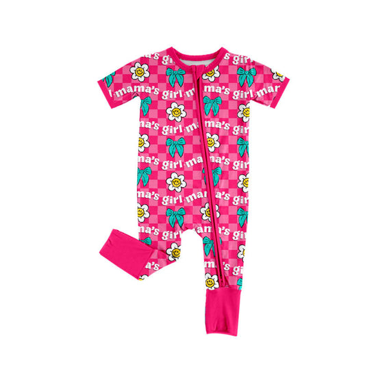 Baby Girls Pink Checked Mamas Girl Flowers Bows Zipper Footie Rompers Preorder