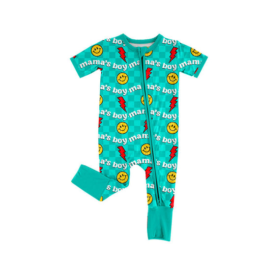 Baby Boys Aqua Checked Mamas Boy Smiles Lights Zipper Footie Rompers Preorder