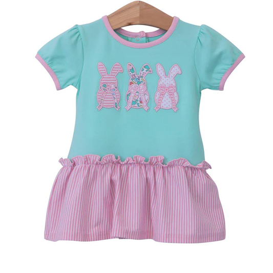 Baby Girls Aqua Easter Rabbits Ruffle Bummies Rompers Preorder