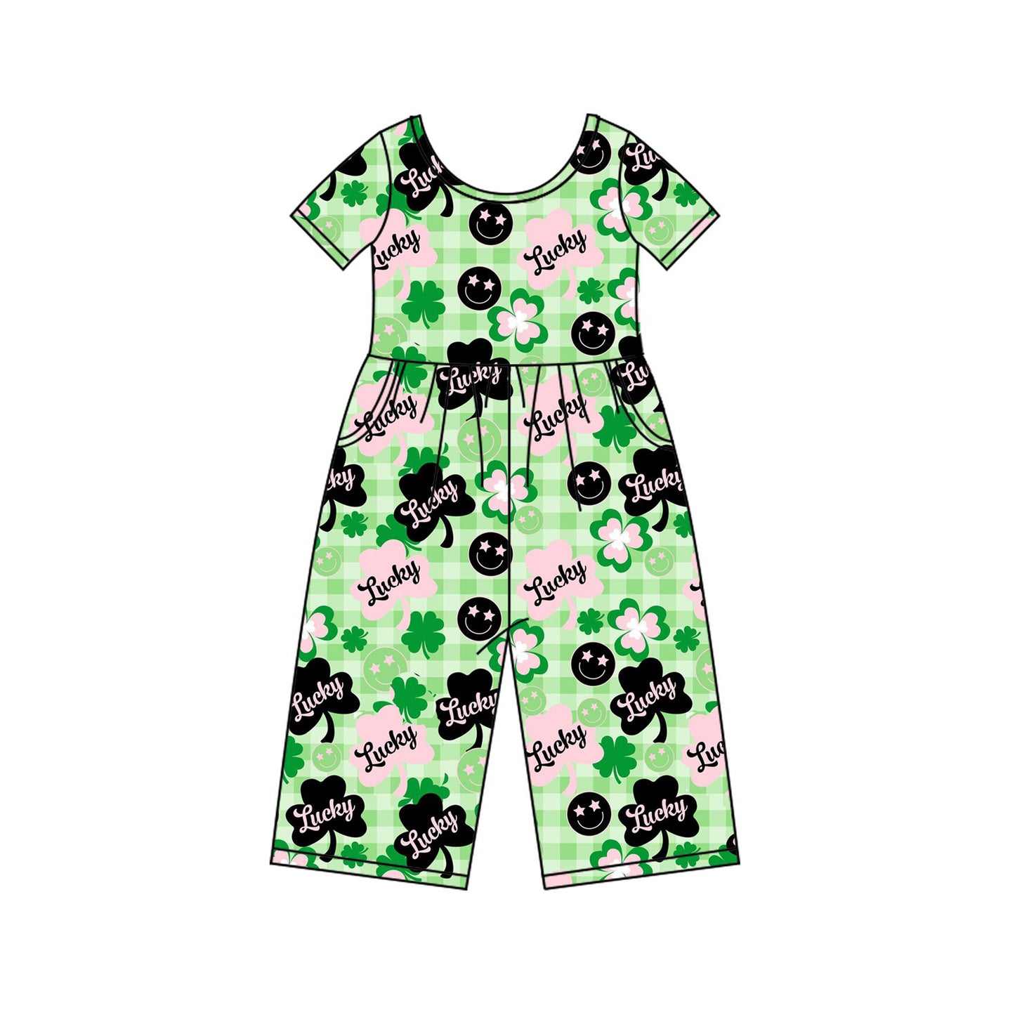 Baby Girls Green Checked Clovers Lucky Pockets St Patrick Jumpsuits Preorder