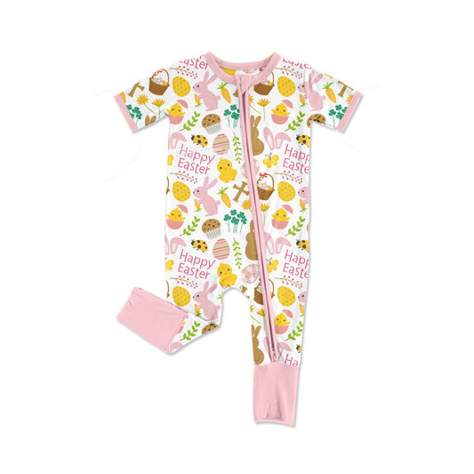 Baby Girls Flowers Rabbits Eggs Happy Easter Zipper Rompers Preorder