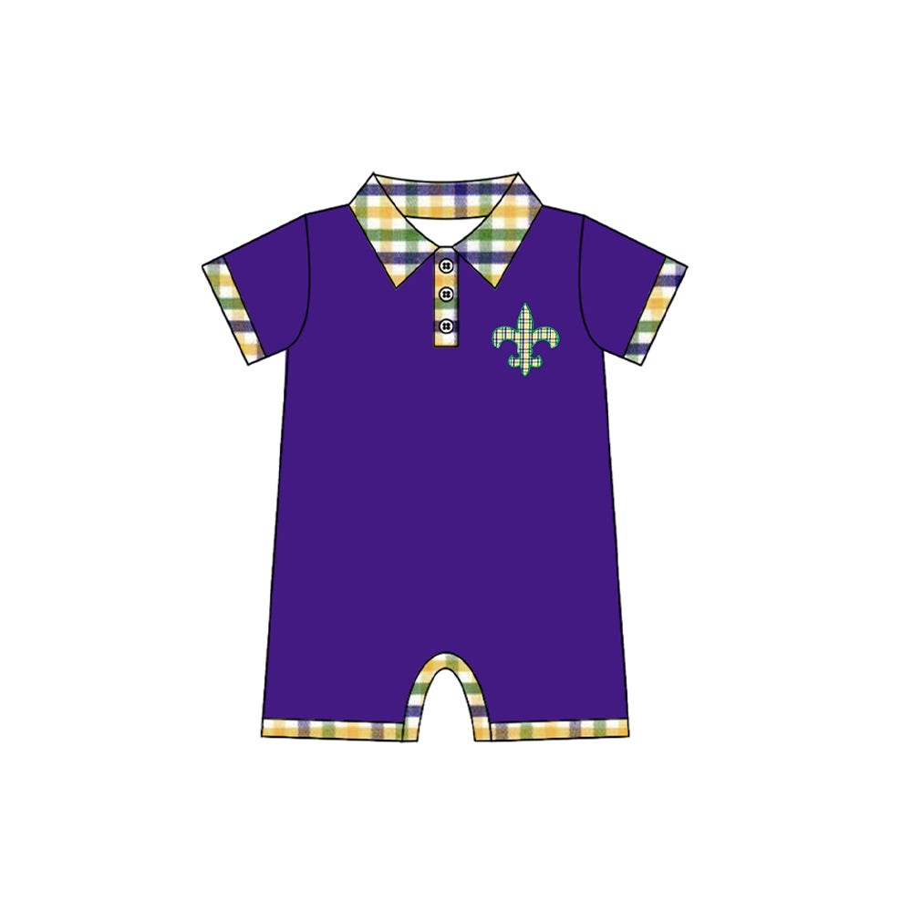 Baby Boys Purple Button Checked Anchor Mardigras Rompers Preorder