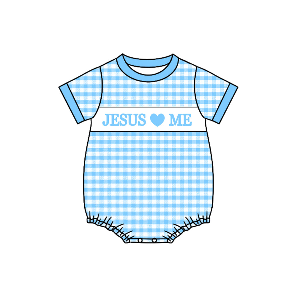 Baby Boys Blue Checked Jesus Love Me Rompers Preorder
