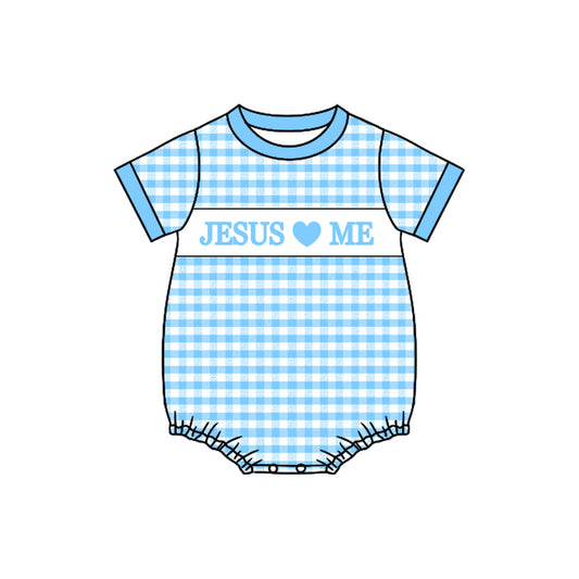 Baby Boys Blue Checked Jesus Love Me Rompers Preorder