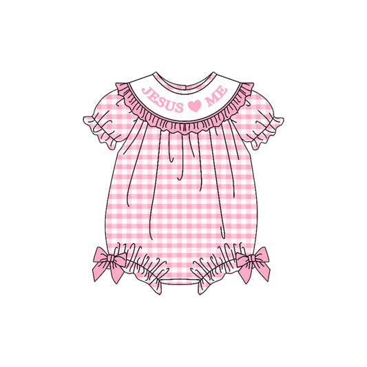 Baby Girls Pink Checked Jesus Love Me Ruffle Rompers Preorder