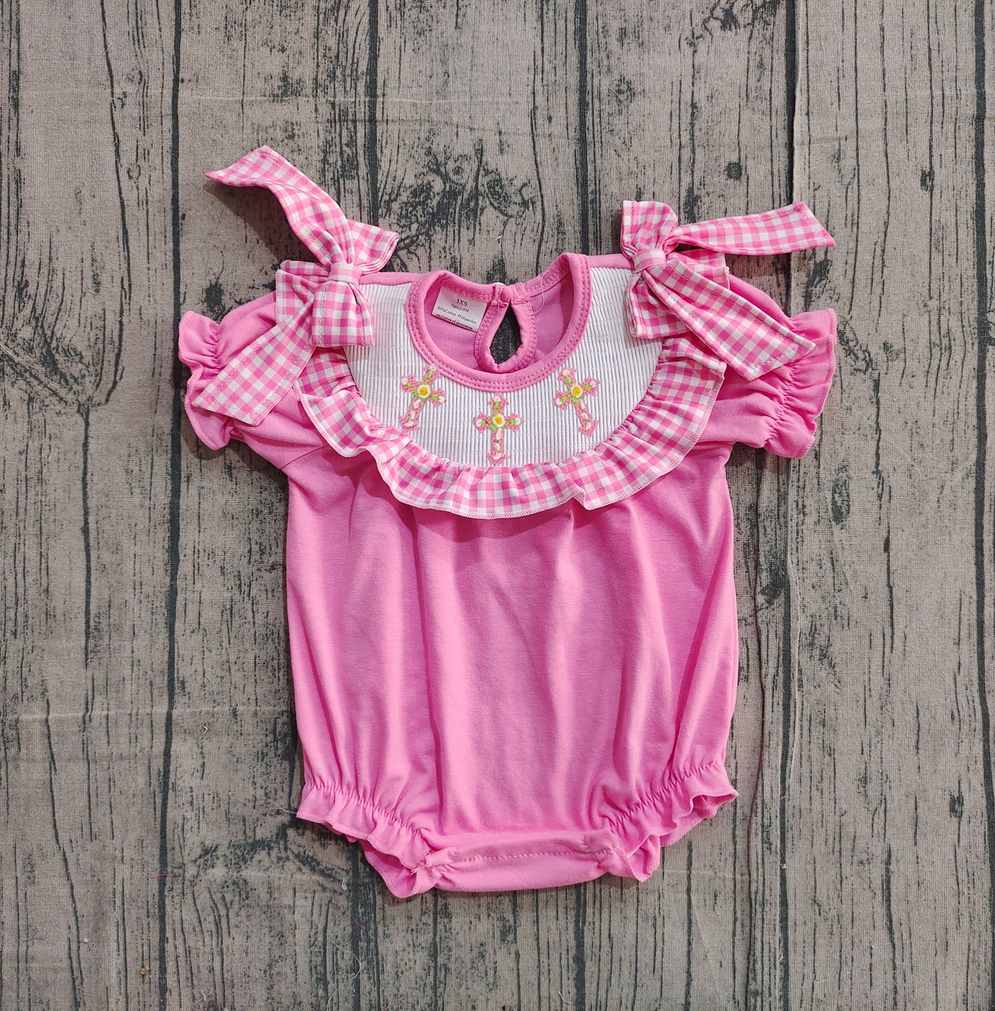 Smocked Crosses Baby Girls Bows Short Sleeve Easter Ruffle Rompers Preorder