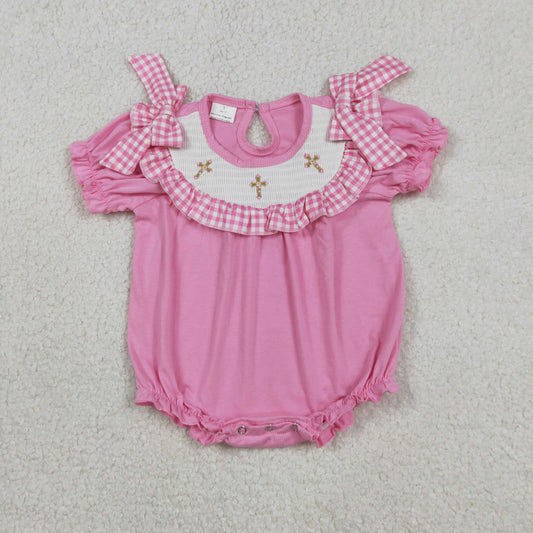 Smocked Crosses Baby Girls Bows Short Sleeve Easter Ruffle Rompers