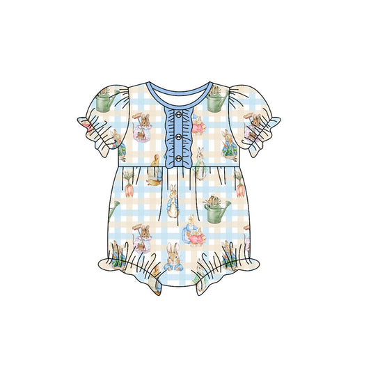Baby Girls Blue Checked Rabbits Easter Button Ruffle Rompers Preorder