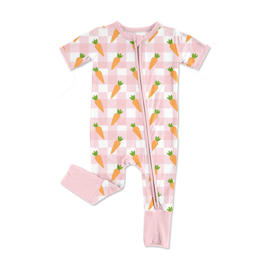 Baby Girls Pink Checked Carrots Easter Zipper Footie Rompers Preorder