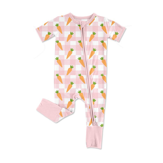 Baby Girls Pink Checked Carrots Easter Zipper Footie Rompers Preorder