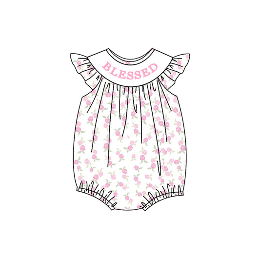 Baby Girls Pink Blessed Flowers Plaid Ruffle Rompers Preorder