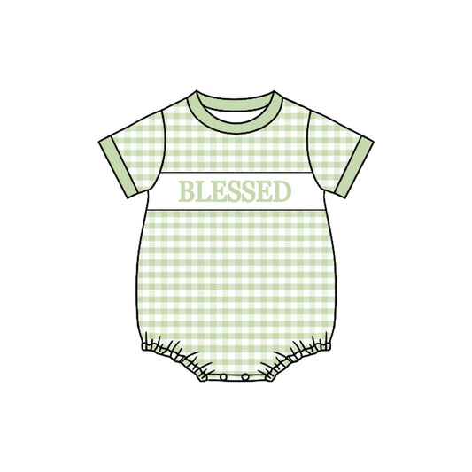 Baby Boys Green Checked Blessed Rompers Preorder
