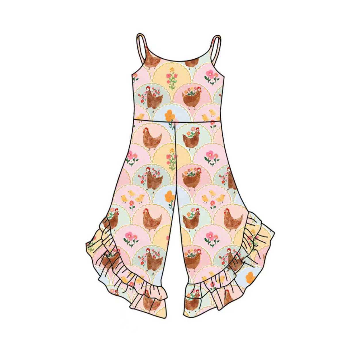 Baby Girls Strap Flowers Chicks Checked Bell Bottom Pant Jumpsuits Preorder