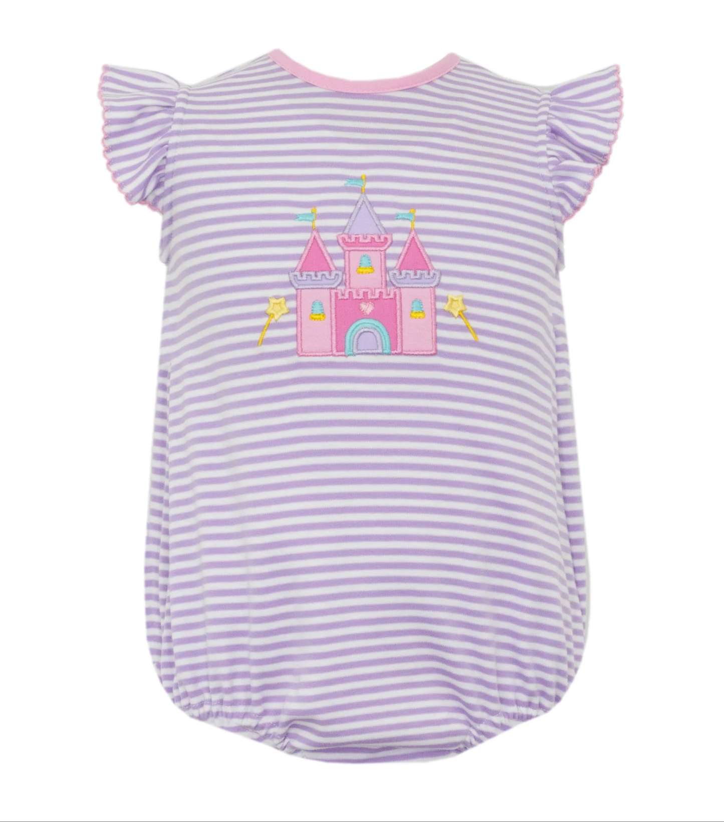 Baby Girls Flutter Sleeve Lavender Stripe Castle Ruffle Rompers Preorder
