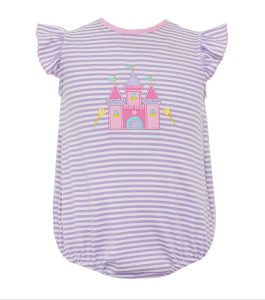 Baby Girls Flutter Sleeve Lavender Stripe Castle Ruffle Rompers Preorder