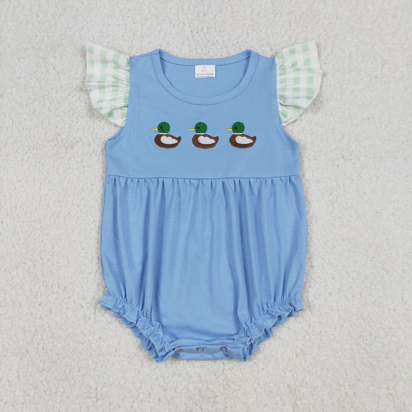 Embroidery Ducks Baby Girls Flutter Sleeve Hunting Ruffle Rompers