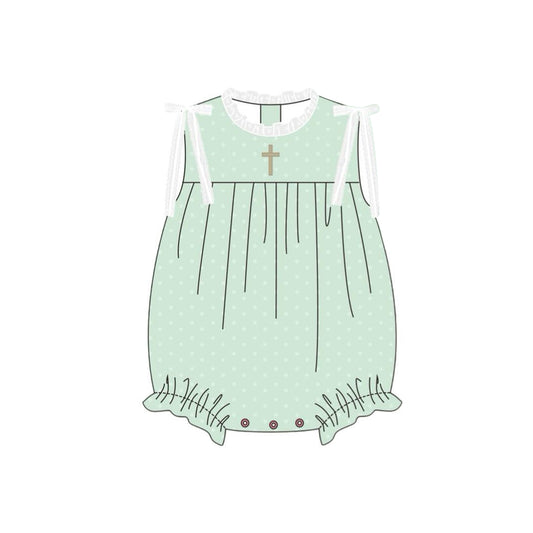 Baby Girls Sleeveless Green Polka Dots Cross Easter Ruffle Rompers Preorder