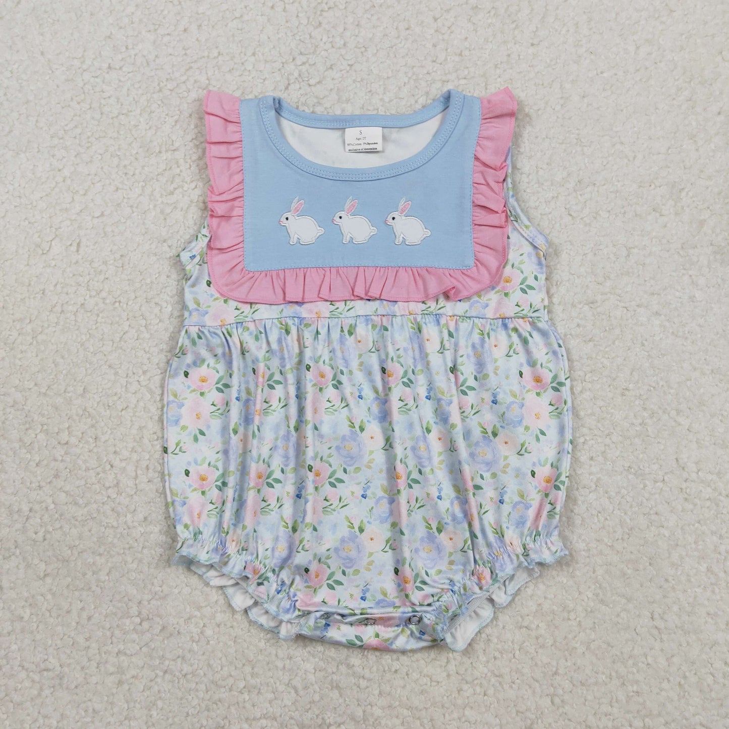 Embroidery Rabbits Baby Girls Flowers Easter Ruffle Rompers