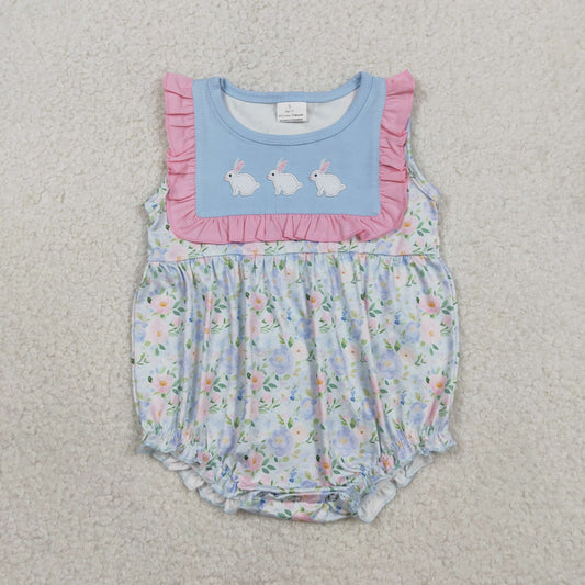 Embroidery Rabbits Baby Girls Flowers Easter Ruffle Rompers