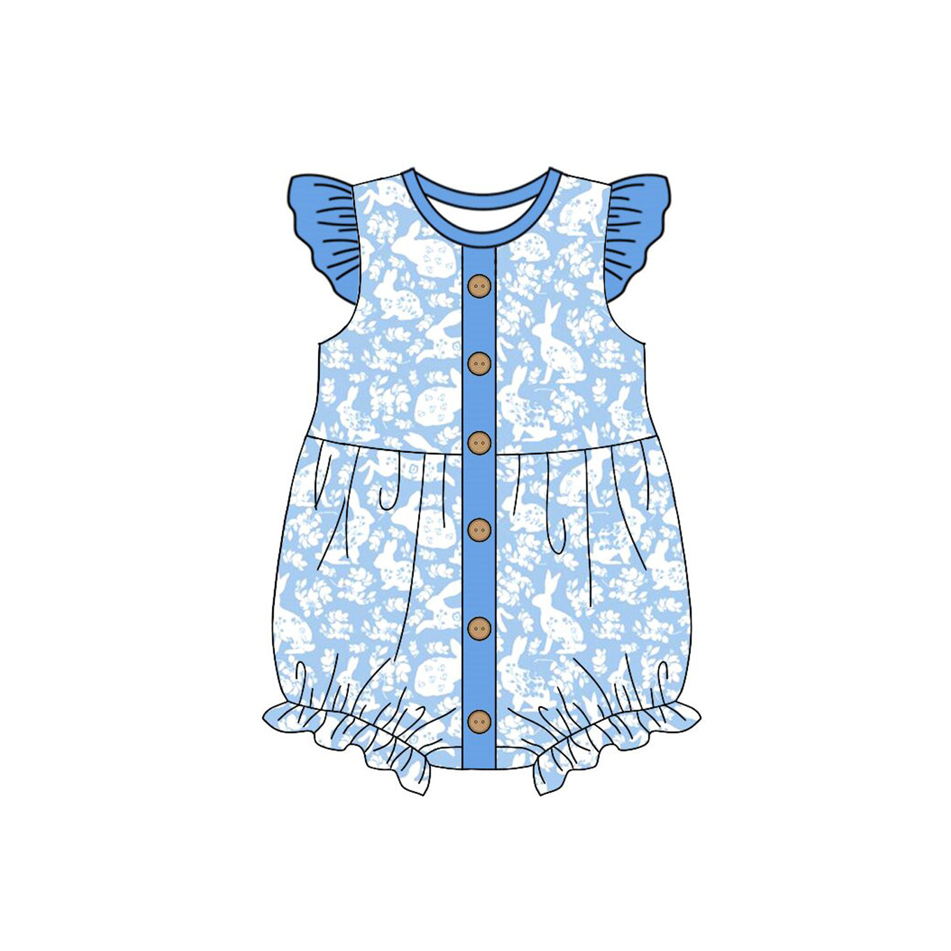 Baby Girls Blue Flutter Sleeve Rabbits Flowers Easter Button Ruffle Rompers Preorder