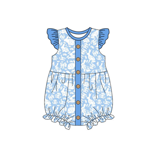 Baby Girls Blue Flutter Sleeve Rabbits Flowers Easter Button Ruffle Rompers Preorder