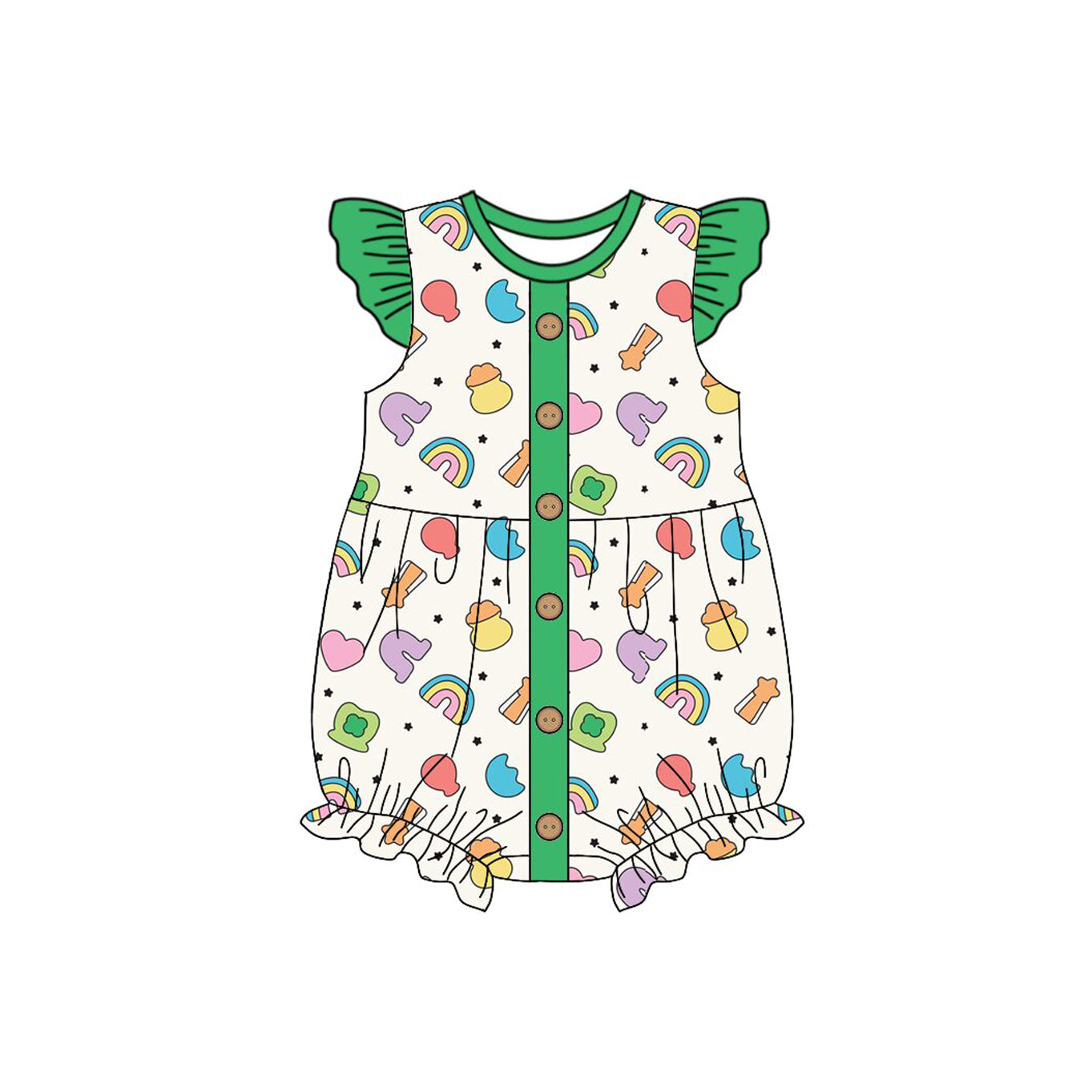 Baby Girls Flutter Sleeve Clovers Rainbows St Patrick Button Ruffle Rompers Preorder