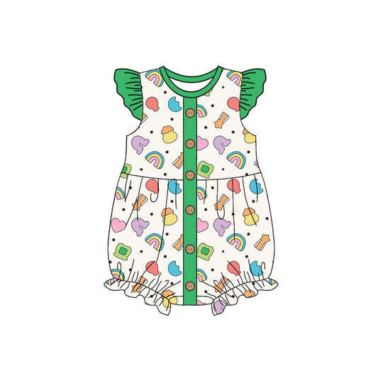 Baby Girls Flutter Sleeve Clovers Rainbows St Patrick Button Ruffle Rompers Preorder