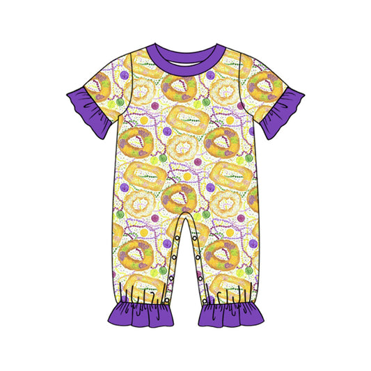 Baby Girls Short Sleeve Mardigras Donuts Polka Dots Ruffle Footie Rompers Preorder