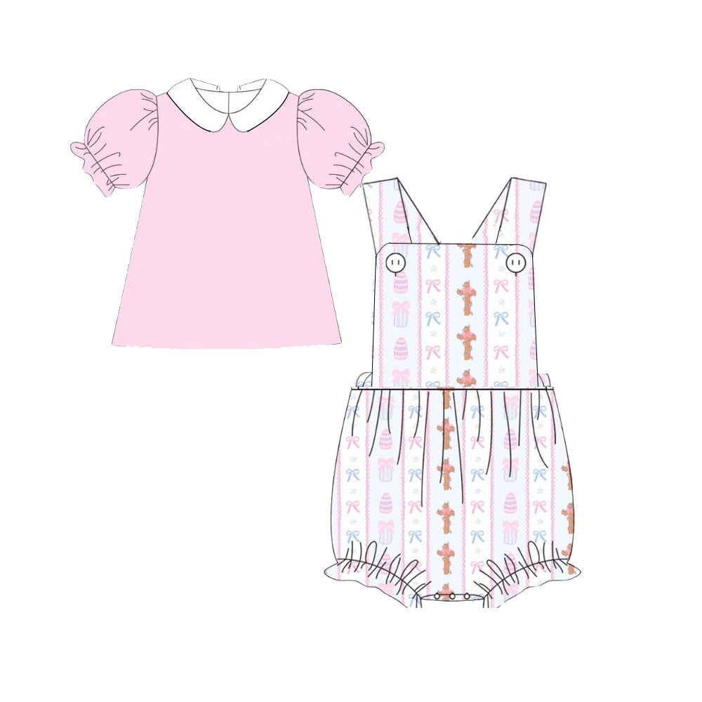 Baby Girls Pink Shirts Strap Crosses Stripe Easter 2 Piece Ruffle Rompers Preorder
