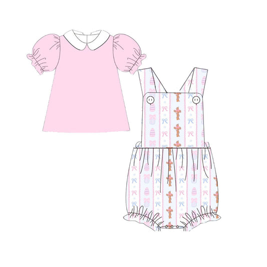 Baby Girls Pink Shirts Strap Crosses Stripe Easter 2 Piece Ruffle Rompers Preorder