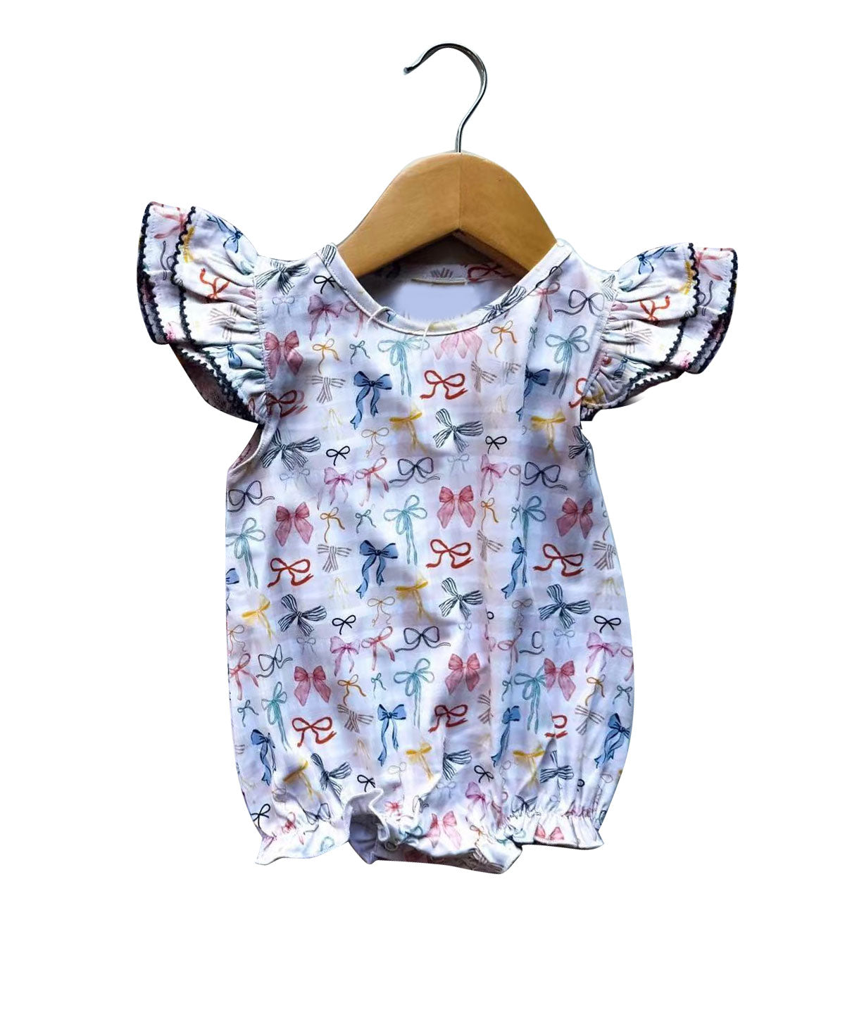 Baby Girls Flutter Sleeve Colorful Bows Ruffle Rompers Preorder
