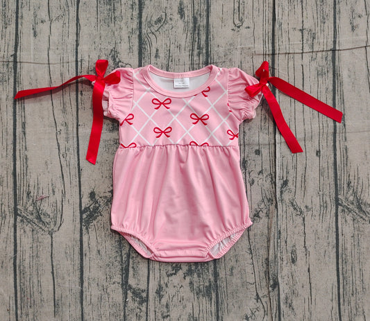 Baby Girls Bows Checked Bows Sleeve Valentine Ruffle Rompers Preorder