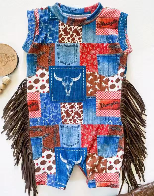 Baby Girls Bull Skulls Camo Checked Tassel Western Rompers Preorder