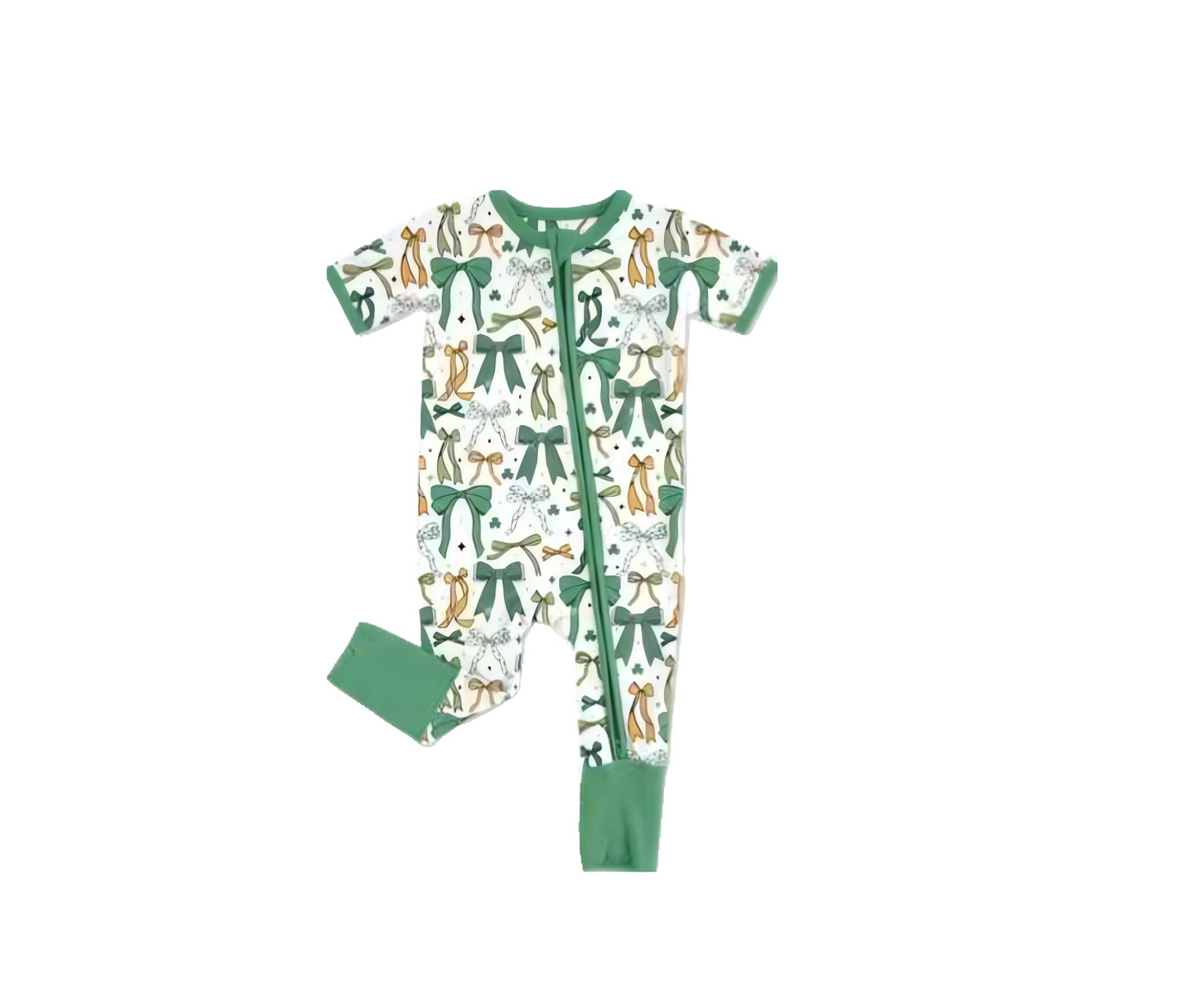Baby Girls Bows Clovers Plaid St Patrick Zipper Footie Rompers Preorder