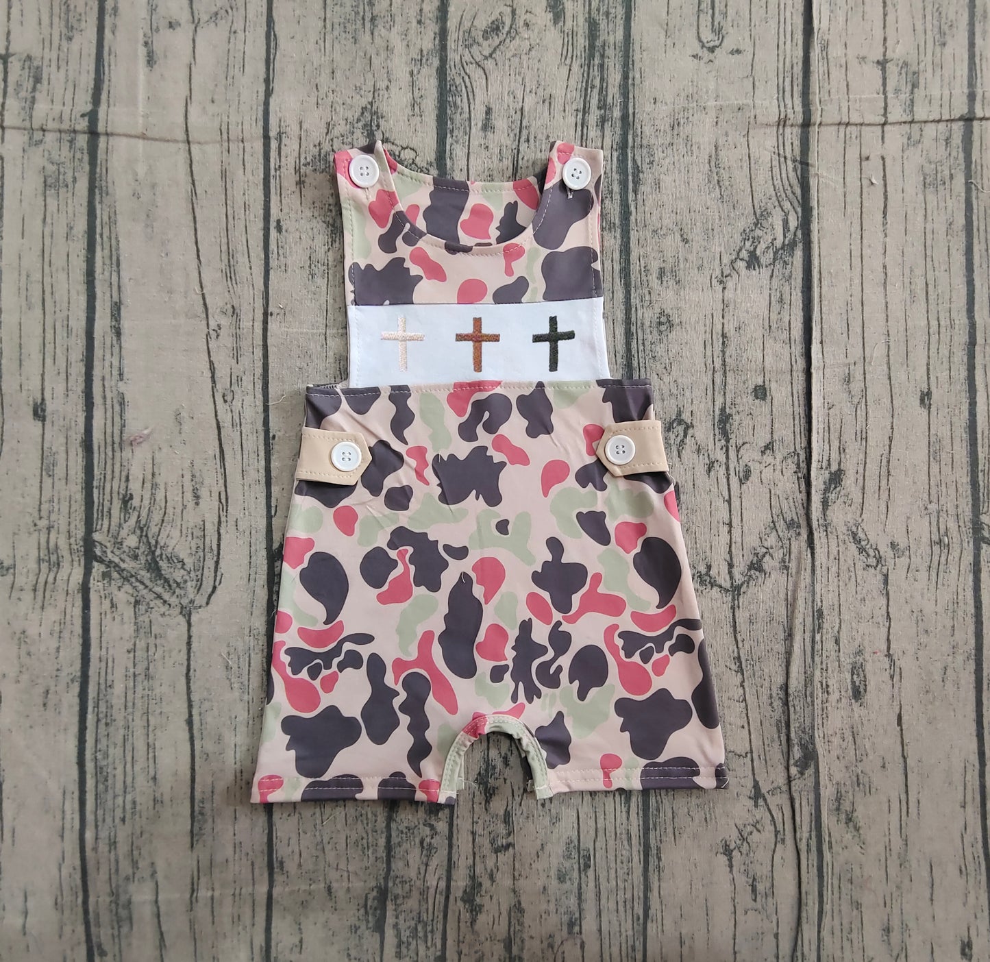 Embroidery Crosses Baby Boys Sleeveless Camo Easter Shorts Rompers Preorder