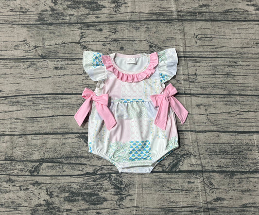 Baby Girls Bows Flowers Checked Bows Flutter Sleeve Ruffle Rompers