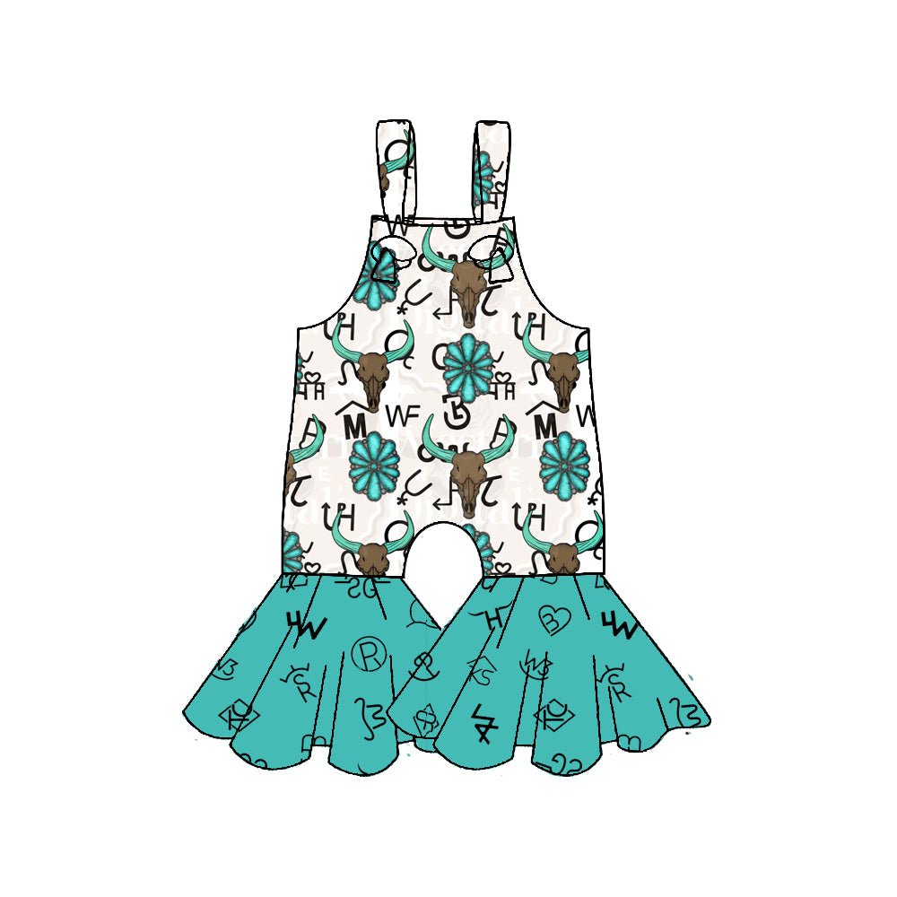 Baby Girls Strap Bull Skulls Bell Bottom Pants Western Jumpsuits Preorder