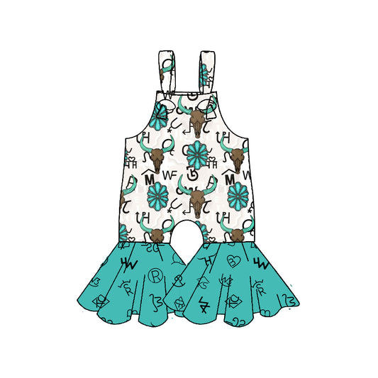 Baby Girls Strap Bull Skulls Bell Bottom Pants Western Jumpsuits Preorder