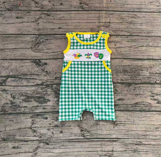 Smocked Anchors Masks Baby Boys Green Checked Pockets Mardigras Rompers Preorder