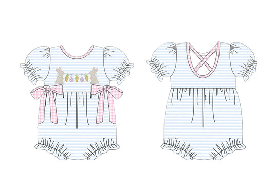 Baby Girls Blue Stripe Rabbits Carrots Easter Bows Ruffle Rompers Preorder